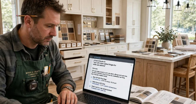 Cabinet shop owner reviewing AI search results on a laptop inside a kitchen showroom, with custom wood cabinets in the background