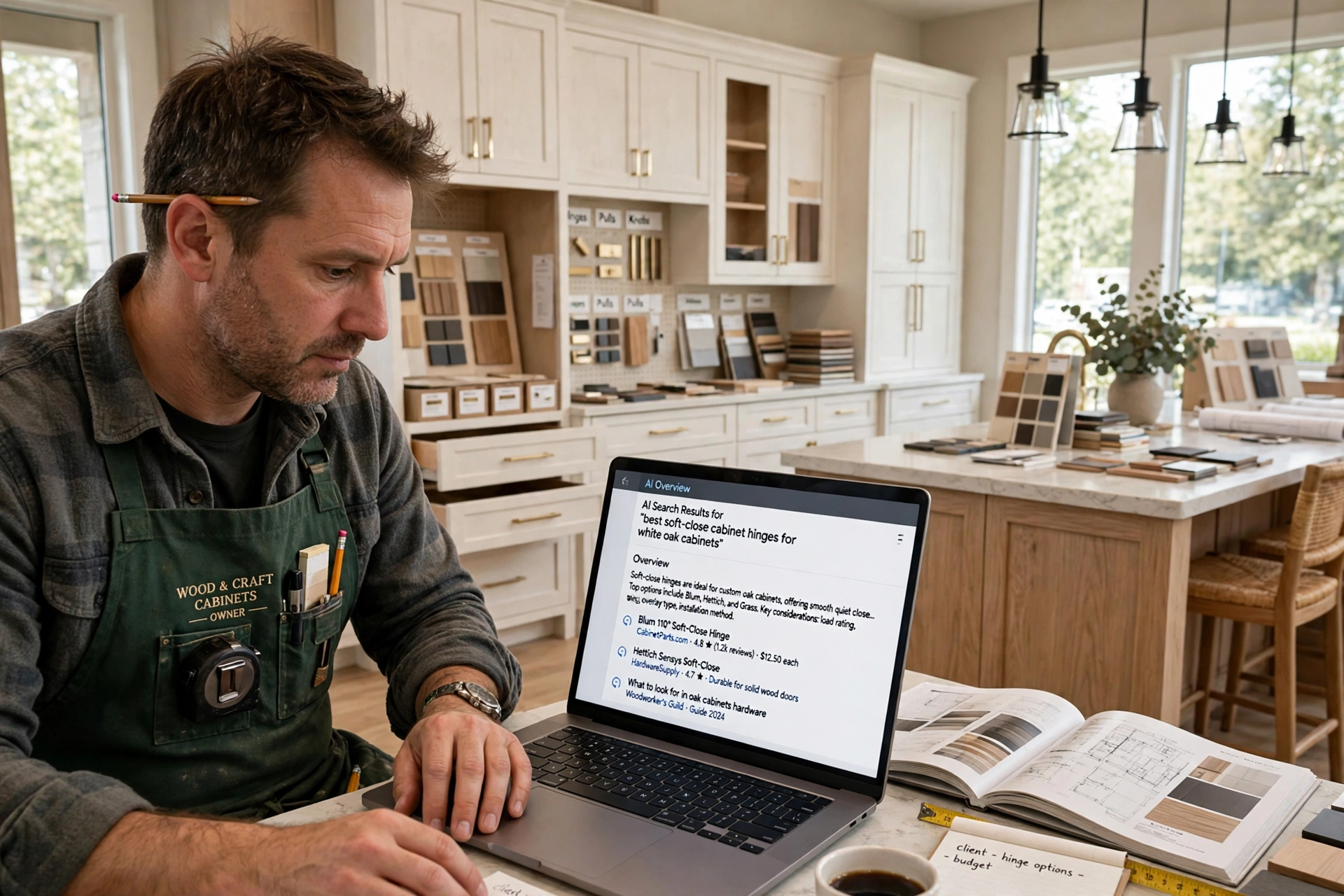 Cabinet shop owner reviewing AI search results on a laptop inside a kitchen showroom, with custom wood cabinets in the background