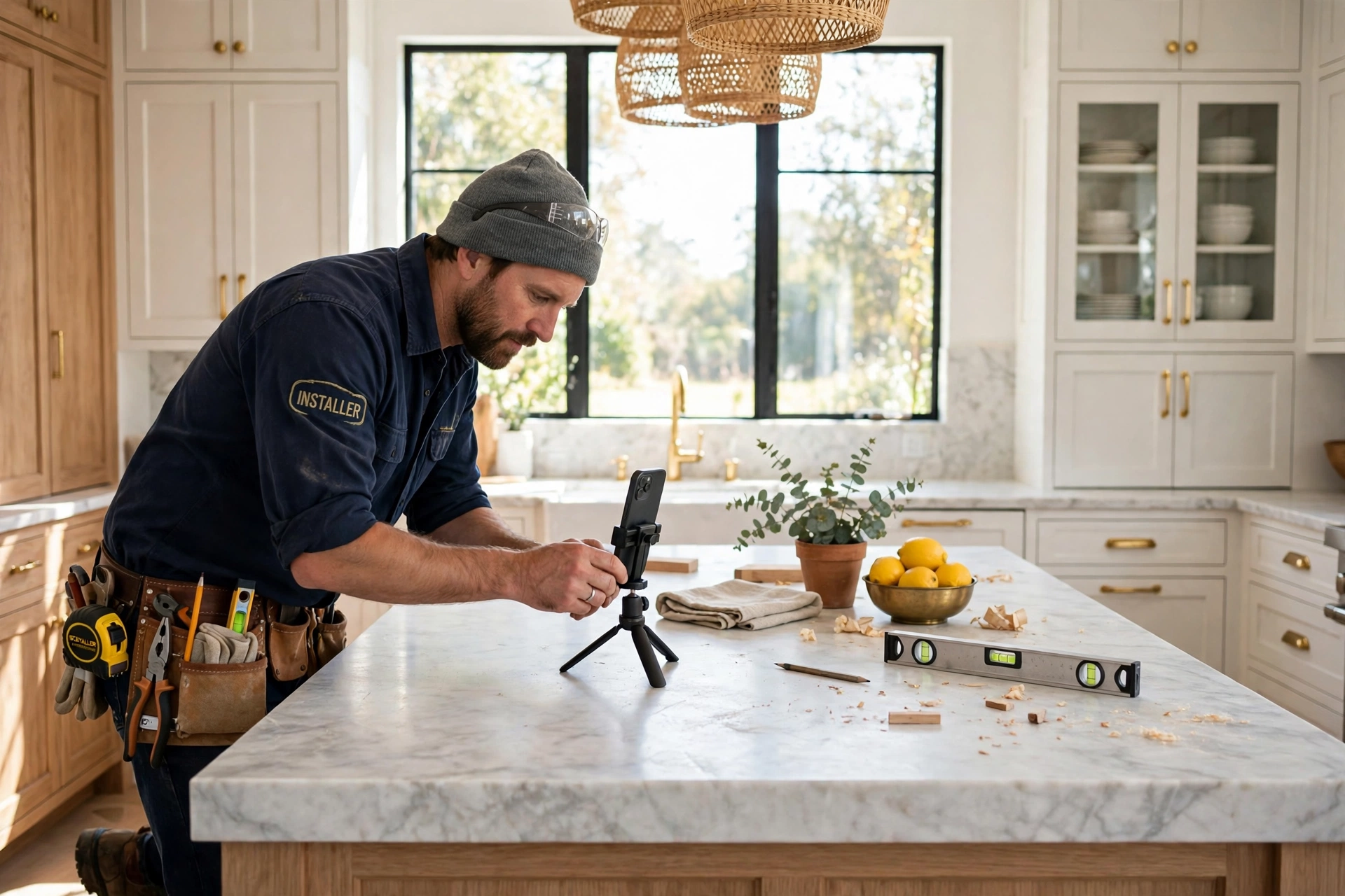 Cabinet installer photographing a finished custom kitchen with a smartphone on a tripod to create Pinterest content