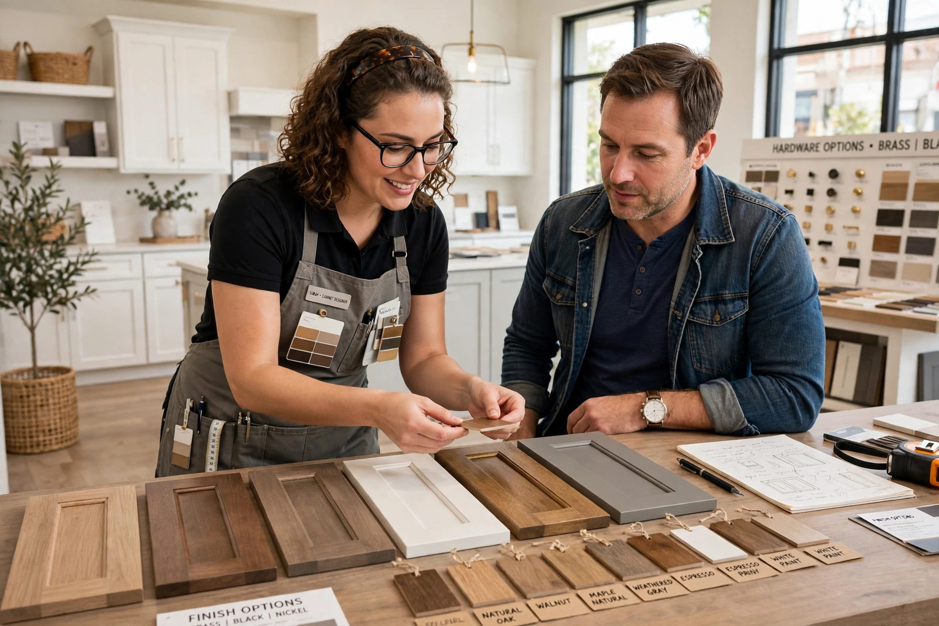 Cabinet designer showing Shaker cabinet door samples and wood finishes to a homeowner during a showroom consultation