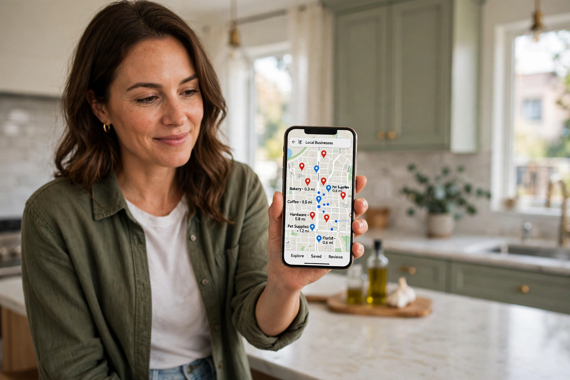 Homeowner checking Google Maps listings for local cabinet companies on a smartphone in a remodeled kitchen