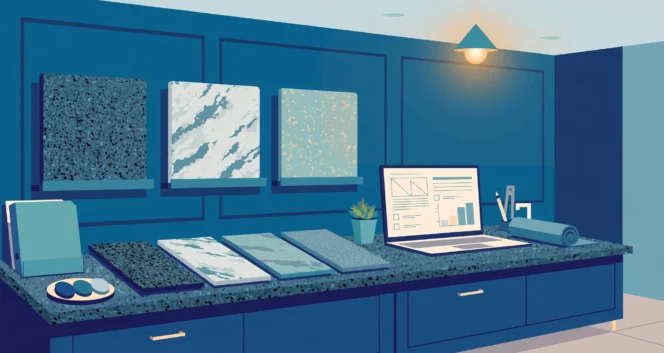 A countertop business owner reviewing granite and quartz samples in a showroom while an AI assistant helps draft a customer quote on a laptop.