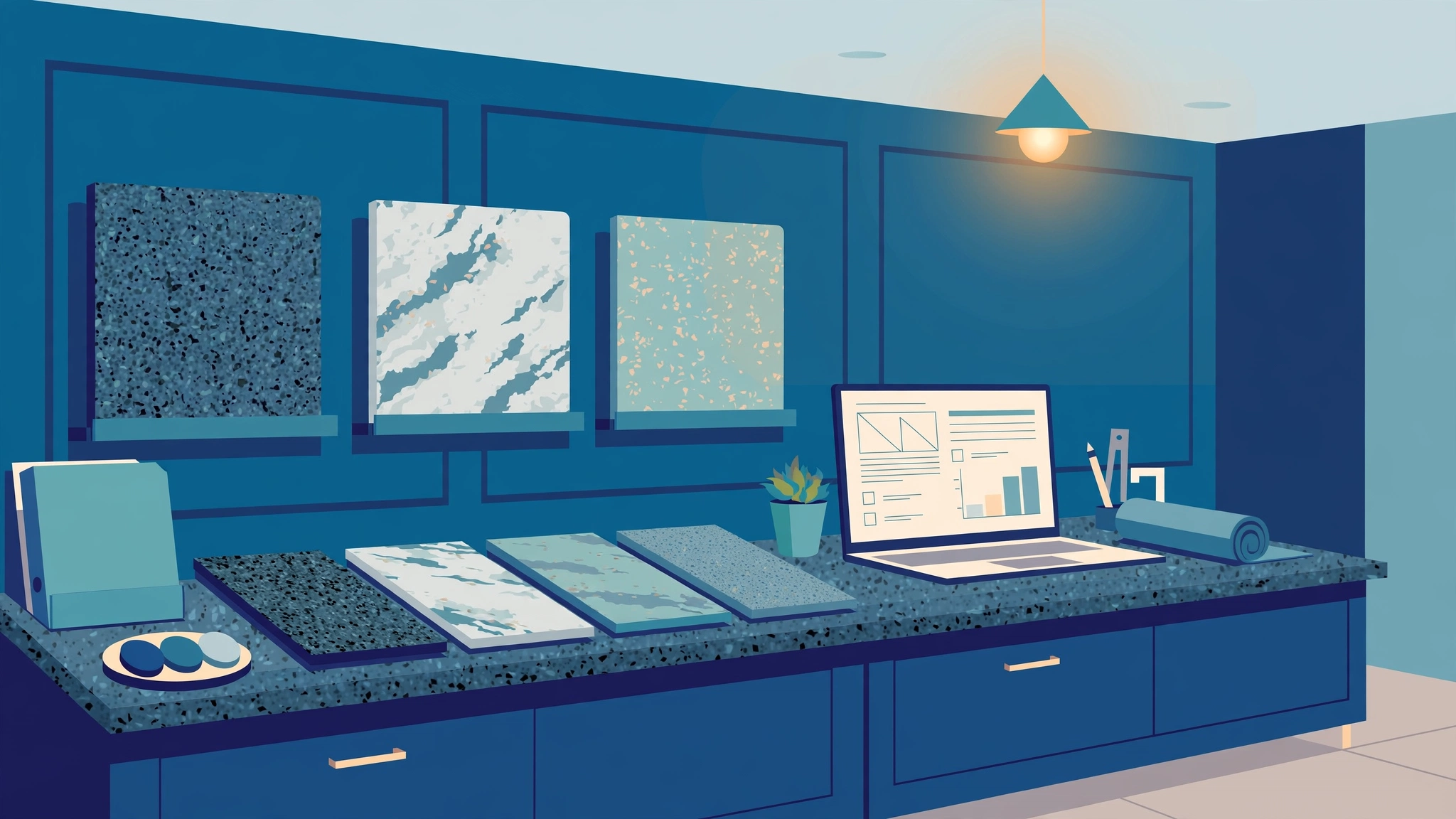 A countertop business owner reviewing granite and quartz samples in a showroom while an AI assistant helps draft a customer quote on a laptop.