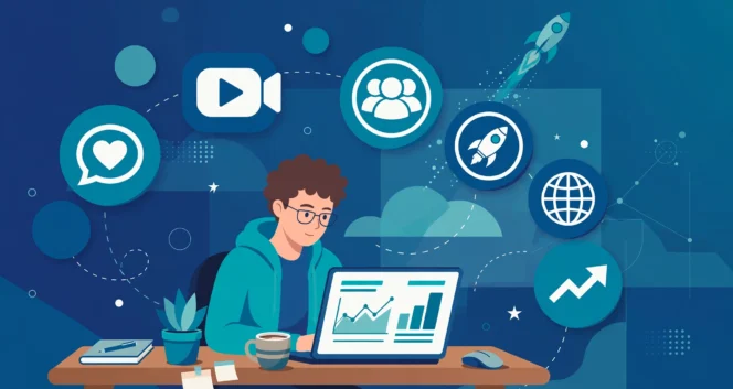 A solo startup founder using AI tools on a laptop, surrounded by icons for social media, communities, and launch platforms used to market a new business.