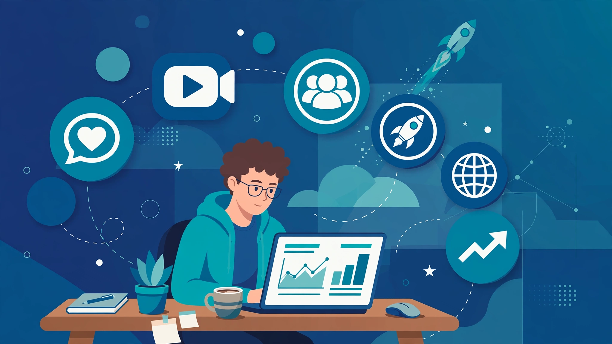 A solo startup founder using AI tools on a laptop, surrounded by icons for social media, communities, and launch platforms used to market a new business.