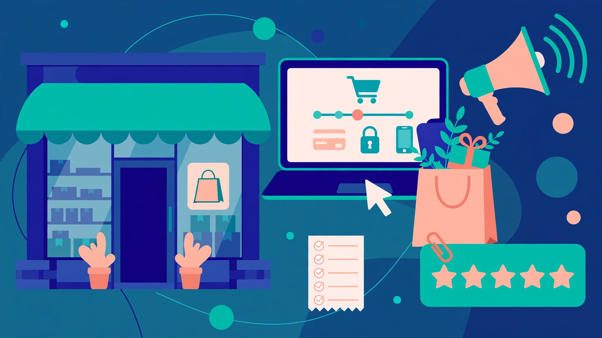 flat illustration related to Shopify BFCM sales, advertising in reviews, and AI marketing, deep blue and teal palette
