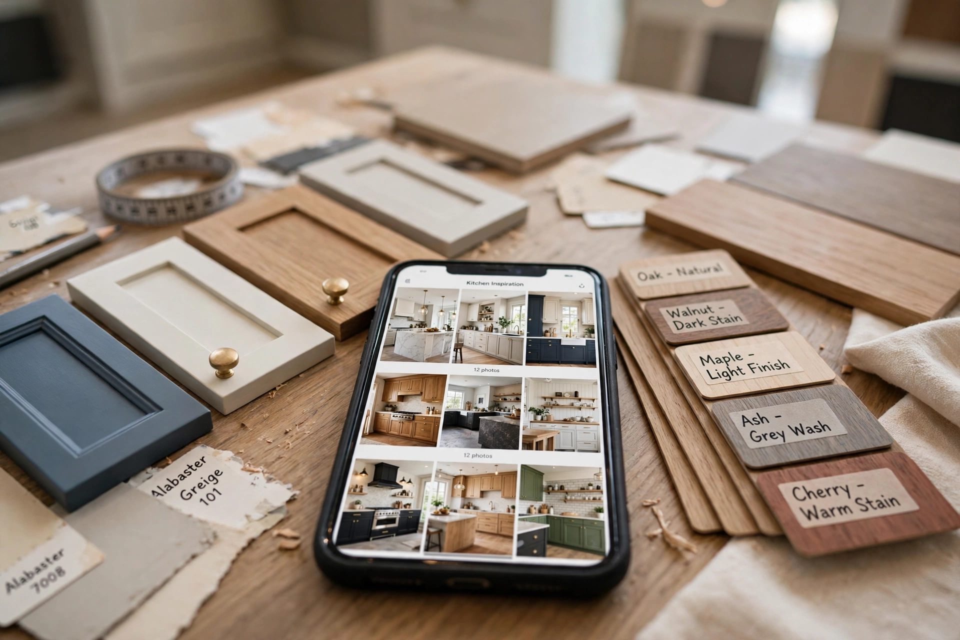 Smartphone showing a kitchen inspiration board on a design table with cabinet door samples and wood finish swatches