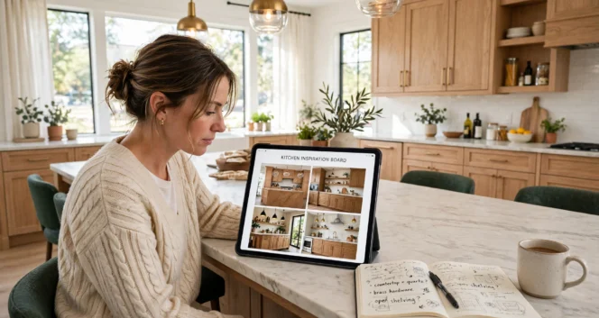 Homeowner browsing kitchen cabinet ideas on Pinterest at a kitchen island, with custom cabinets and a renovation board on her tablet