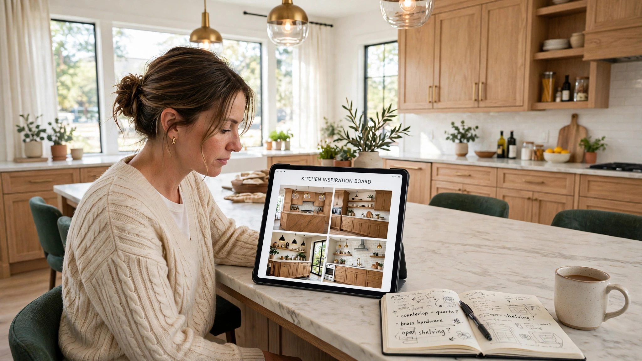 Homeowner browsing kitchen cabinet ideas on Pinterest at a kitchen island, with custom cabinets and a renovation board on her tablet